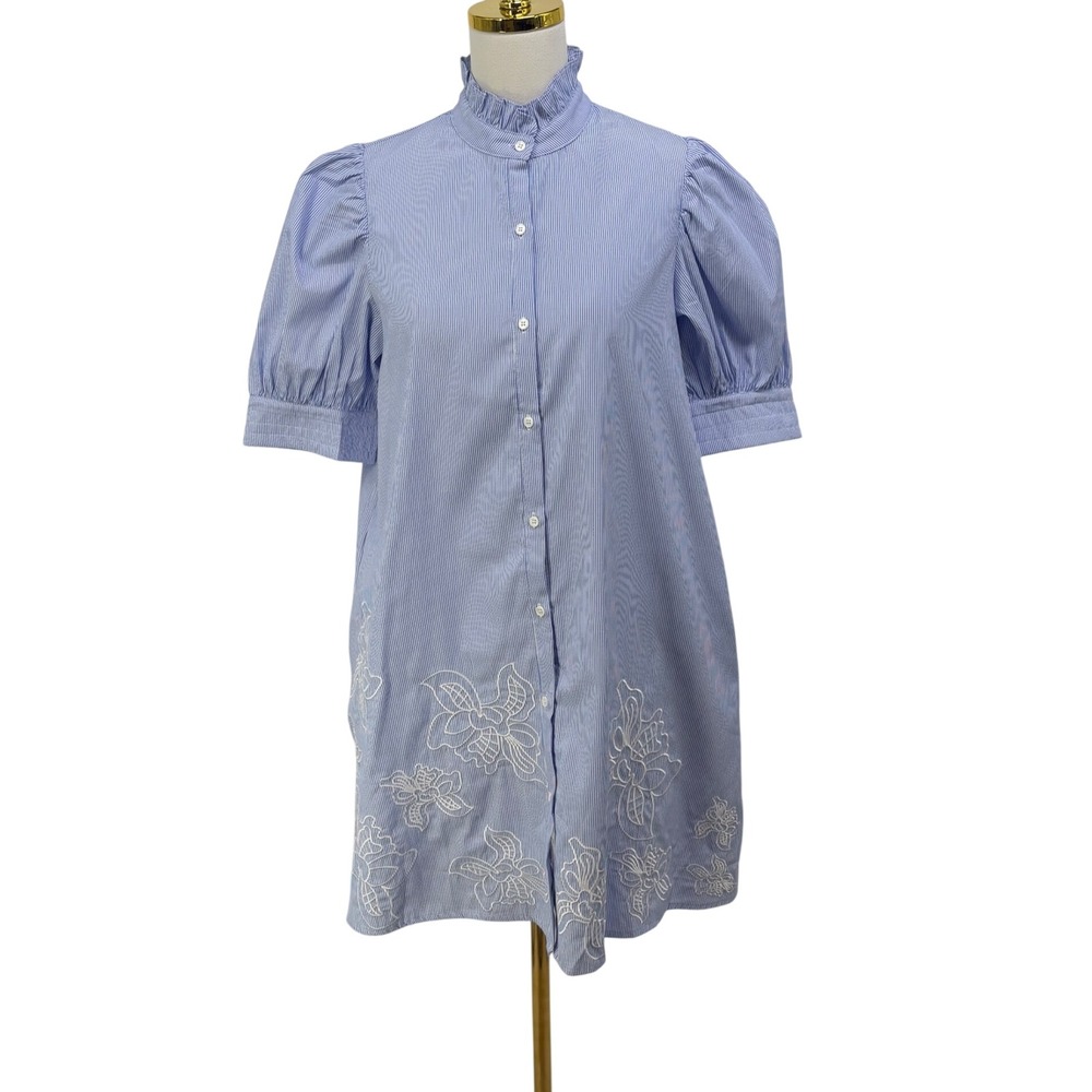 Hyacinth House Blue White Striped Embroidered Ruffle Neck Mini Shirt Dress S